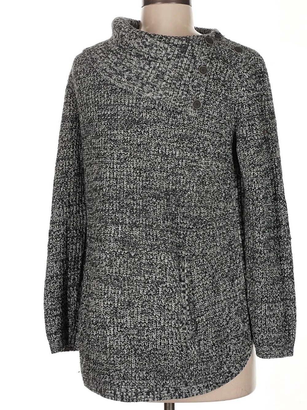 Style & Co. Black Gray Marled Button-Detail Turtleneck Sweater